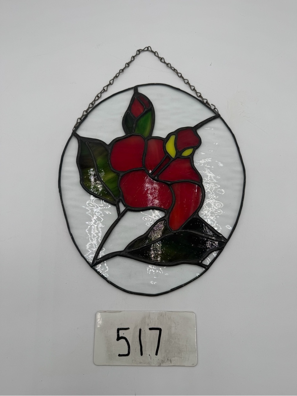 Vintage Handmade Stained Glass Red Flower Floral Suncatcher Window Hanging